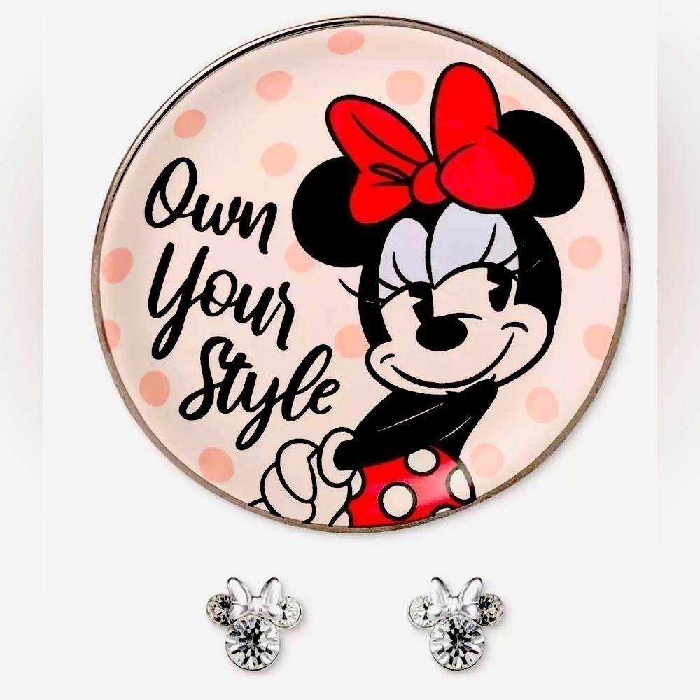 Disney MINNIE MOUSE Sterling Silver Clear Crystal Stud Earrings & Trinket Dish